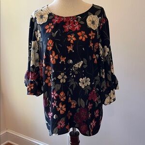 Veronika Maine Floral Ruffle Sleeve Blouse Black Multicolor AU 14/US 10-12